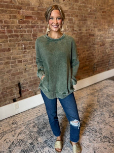 Acid Wash Ribbed Hi Low Pullover - Dark Green