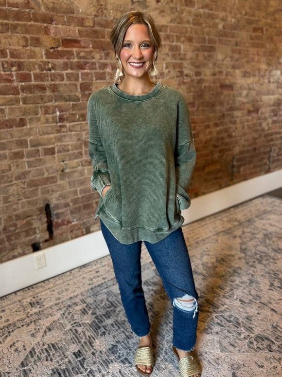Acid Wash Ribbed Hi Low Pullover - Dark Green
