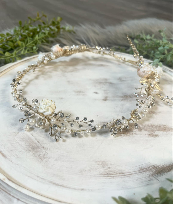 Flower Crystal Pearl Gold Hairband