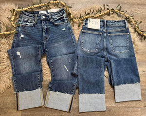 High Rise Stretch Slim Straight Cuffed Hem Jeans