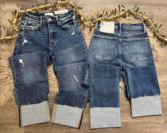 High Rise Stretch Slim Straight Cuffed Hem Jeans