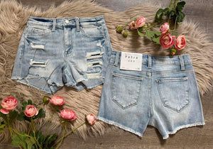 High Rise Patched Frayed Hem Shorts