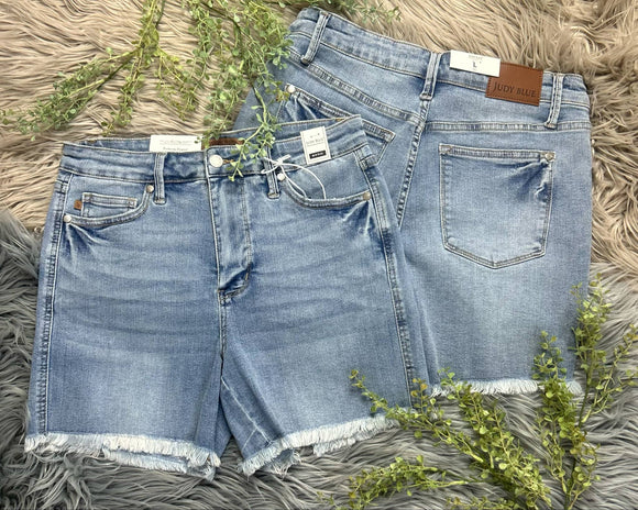 Mid Rise Fray Hem Shorts