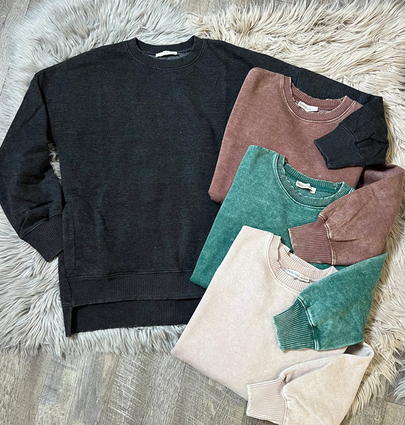 Acid Wash Hi Low Hem Crewneck With Pockets