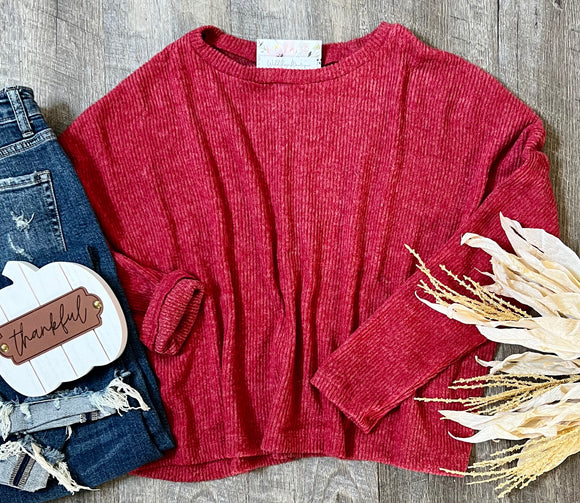 Dolman Long Sleeve Sweater Top- Red